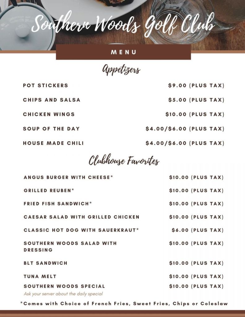 Click to view an image of the Southern Woods Golf Club Menu in a new tab.